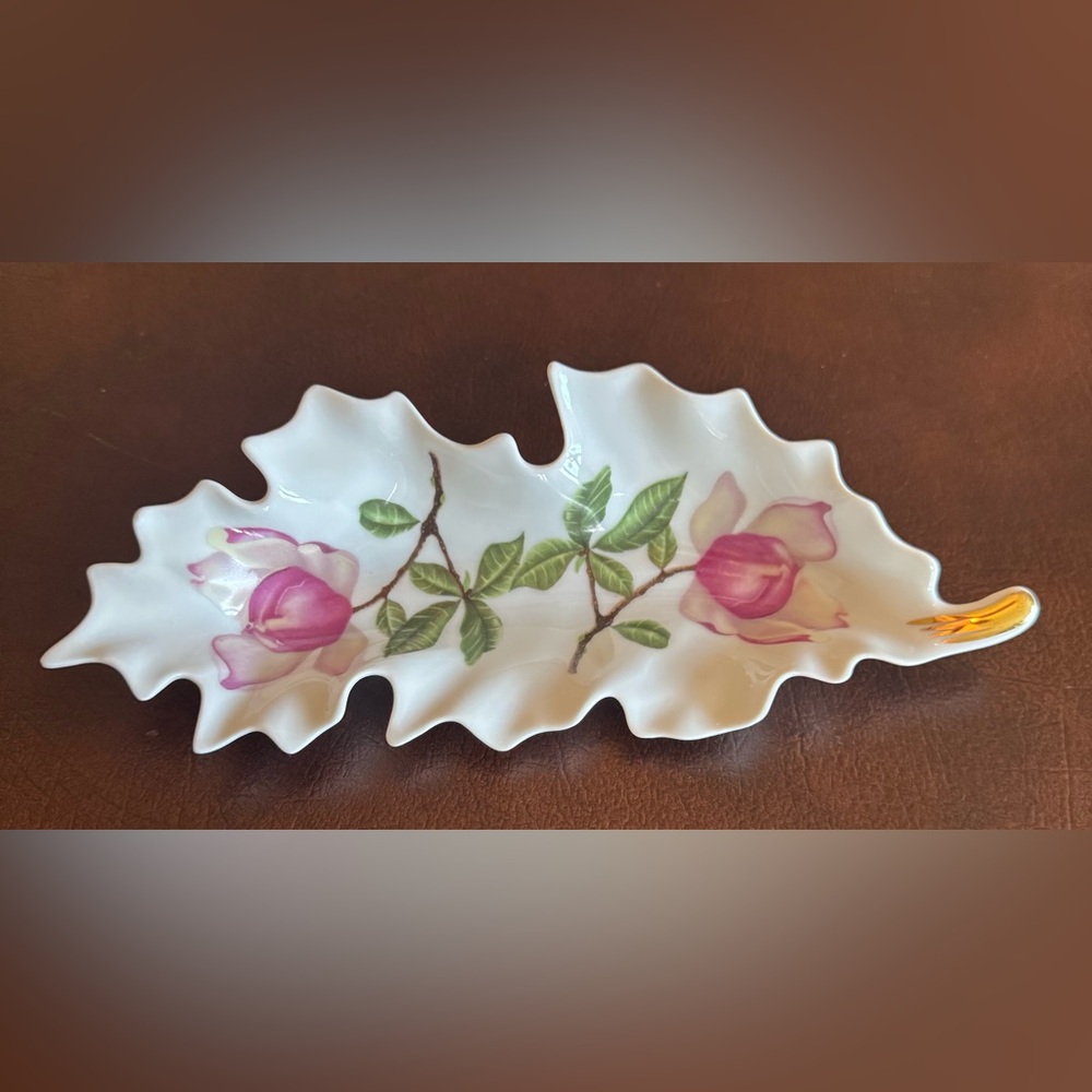 Vintage Mitterteich Bavaria Porcelain Leaf Dish | Pink Roses & Gold Trim